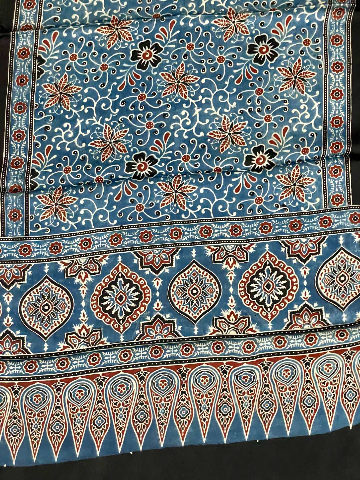 Handcrafted powder blue Ajrakh stole made from premium modal silk fabric
