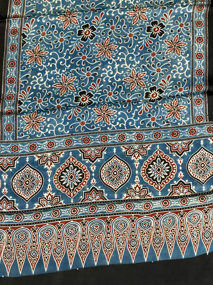 Handcrafted powder blue Ajrakh stole made from premium modal silk fabric