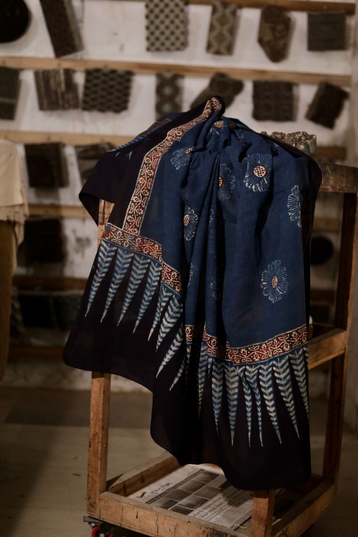 Handcrafted royal blue Ajrakh dupatta made from breathable mul cotton fabric