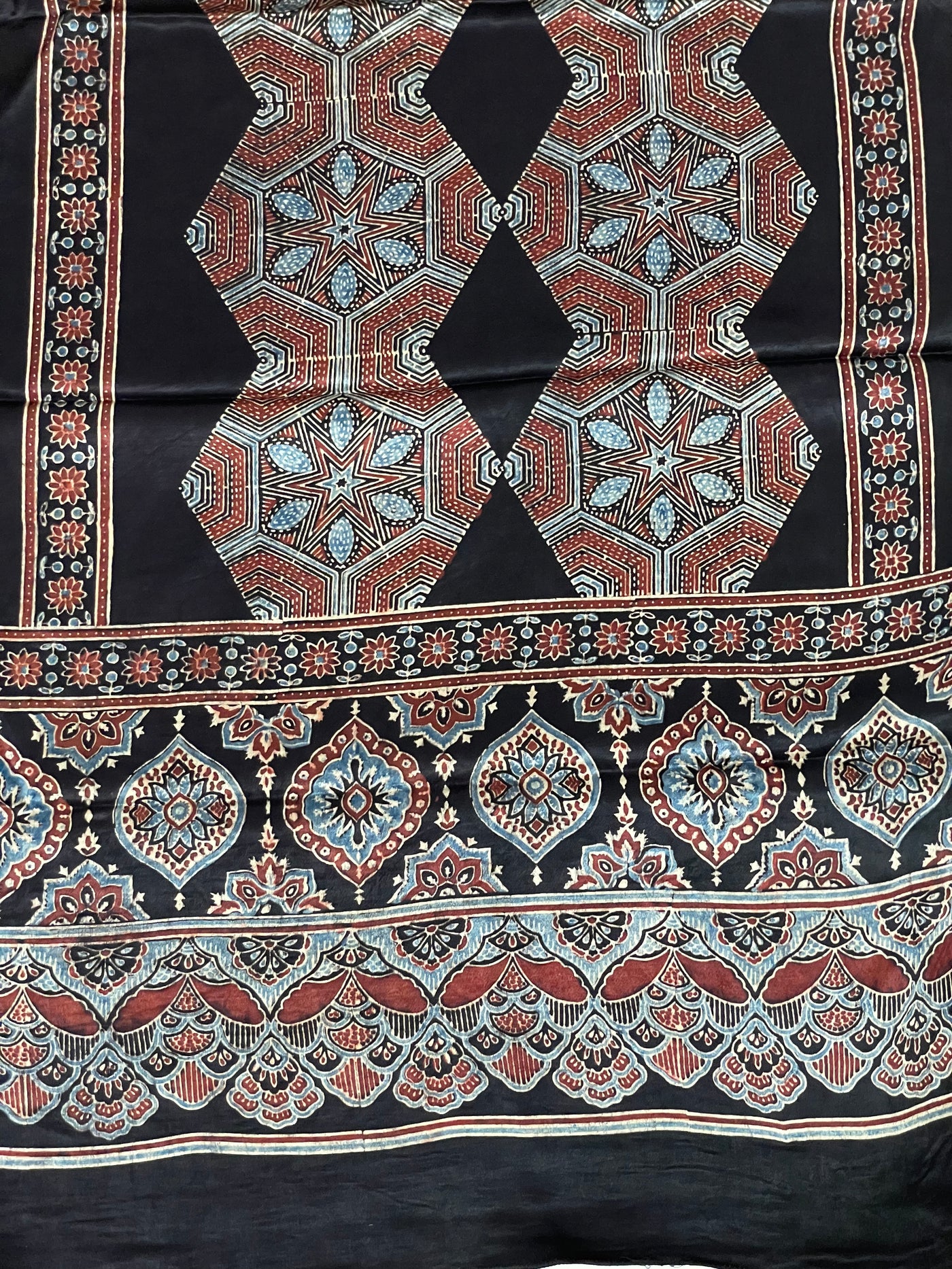 Handcrafted rust black Ajrakh stole made from premium modal silk fabric