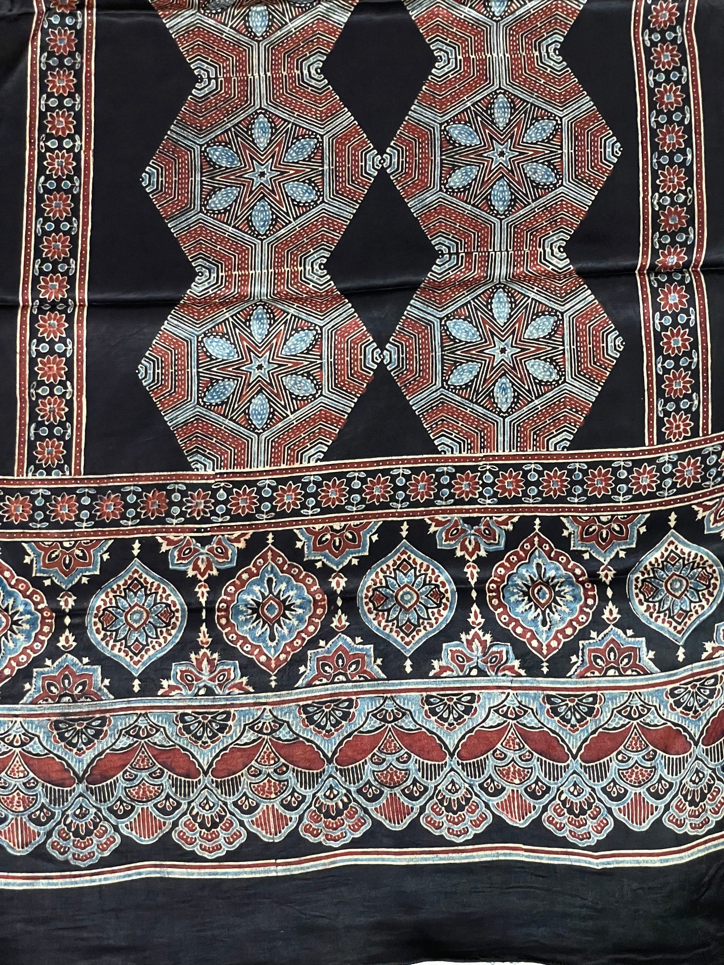 Handcrafted rust black Ajrakh stole made from premium modal silk fabric