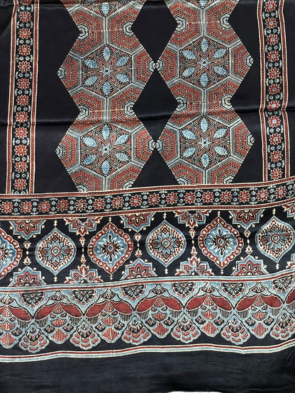 Handcrafted rust black Ajrakh stole made from premium modal silk fabric