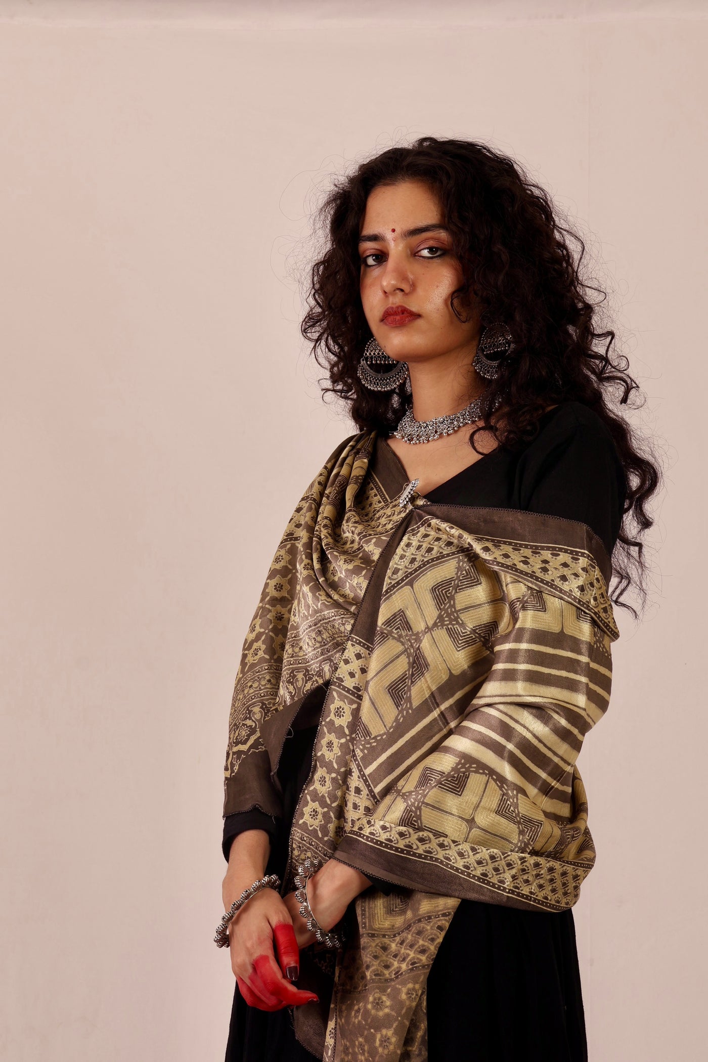 Handcrafted sand beige Ajrakh stole made from premium Mashru silk fabric