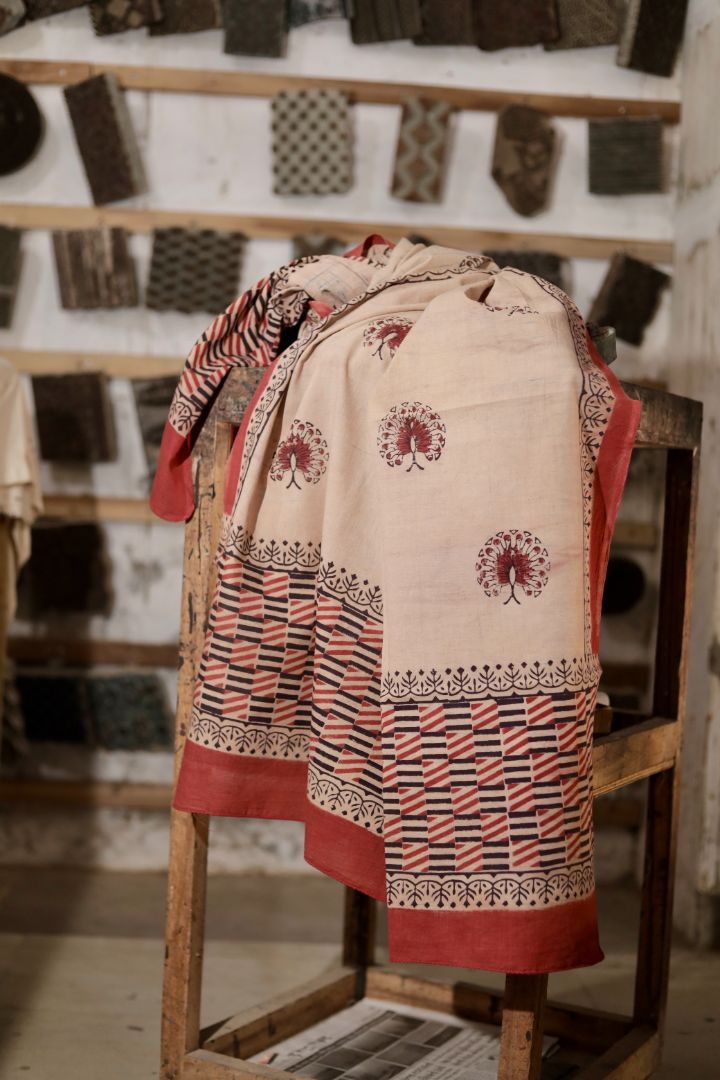 Handcrafted sand beige Ajrakh dupatta made from breathable mul cotton fabric