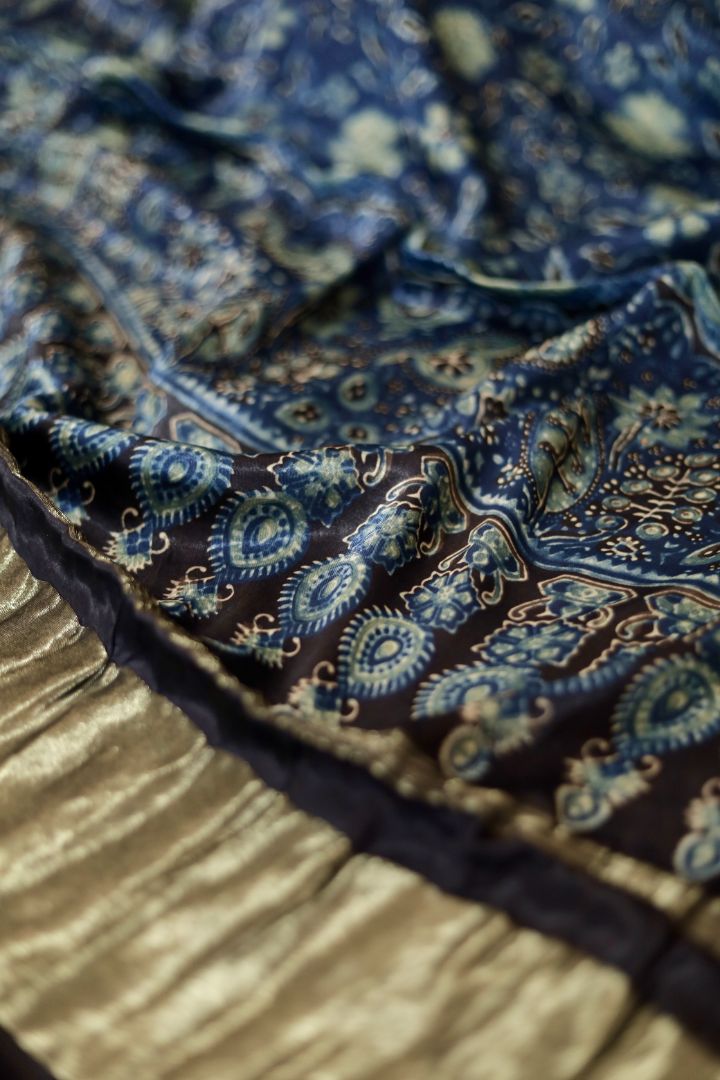 Handcrafted sapphire blue Ajrakh dupatta made from premium modal silk with traditional Lagdi Patta detailing