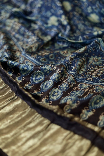 Handcrafted sapphire blue Ajrakh dupatta made from premium modal silk with traditional Lagdi Patta detailing