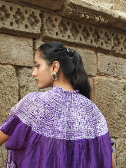 Premium silk kaftan in splendid violet tones adorned with detailed Bandhani Shibori patterns