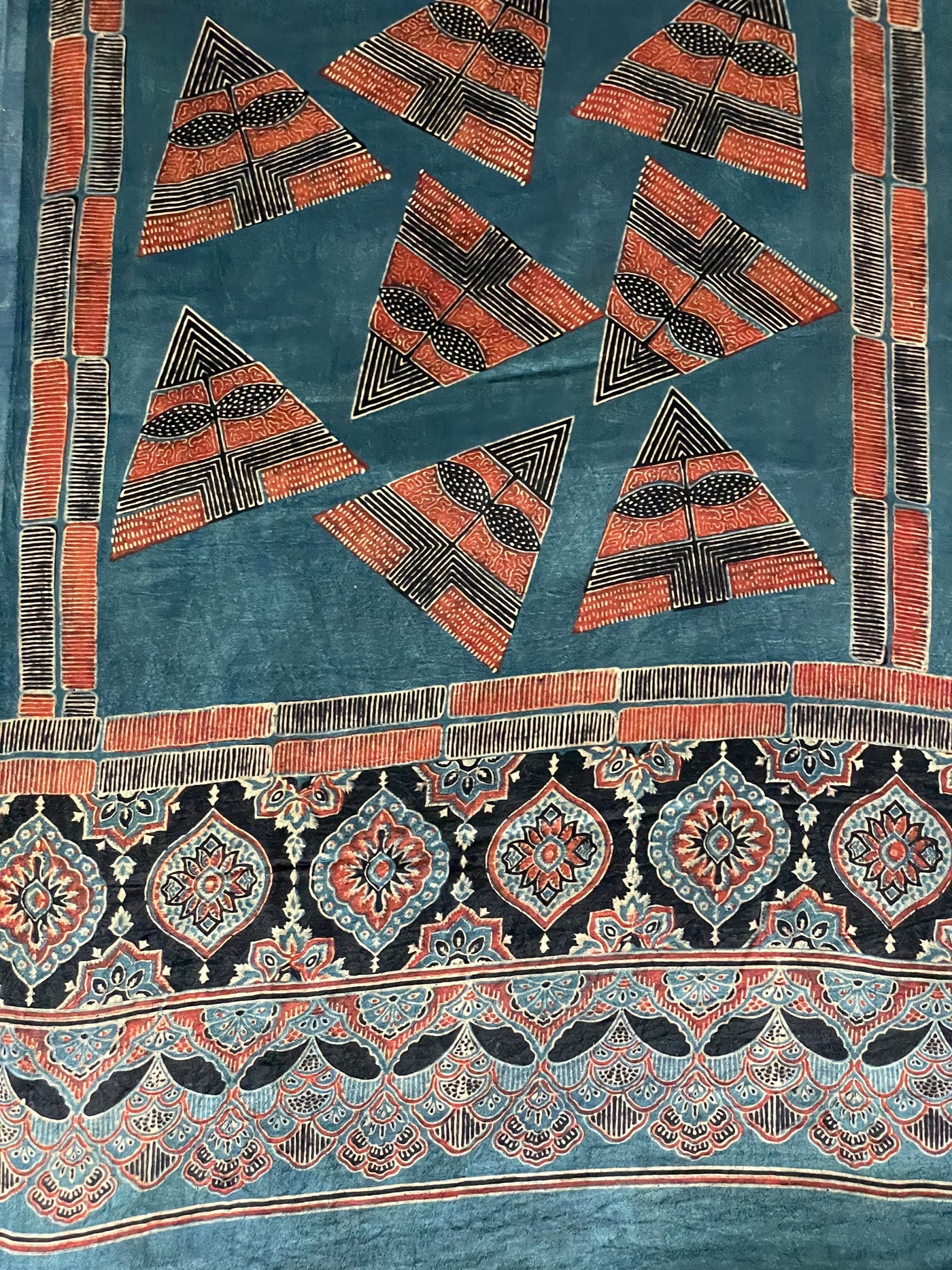 Handcrafted teal blue Ajrakh stole made from premium Mashru silk fabric