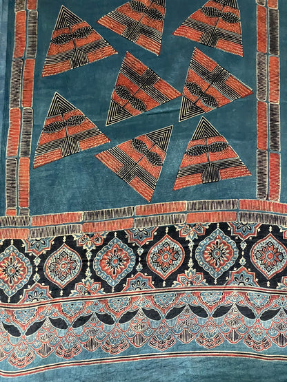 Handcrafted teal blue Ajrakh stole made from premium Mashru silk fabric