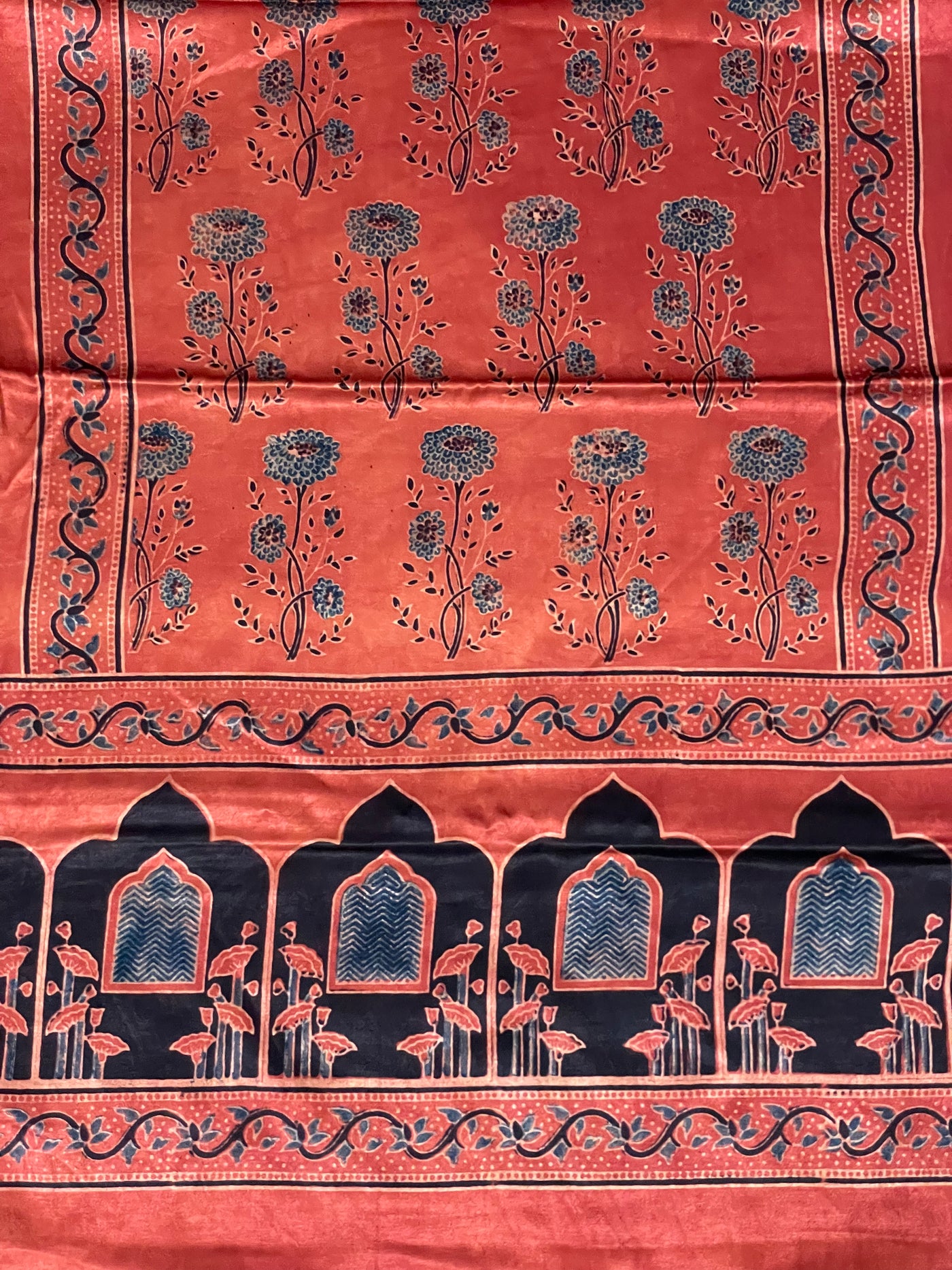 Handcrafted terracotta red Ajrakh stole made from premium Mashru silk fabric