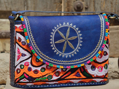 Leather bag featuring authentic Kutchi hand embroidery on premium handcrafted leather