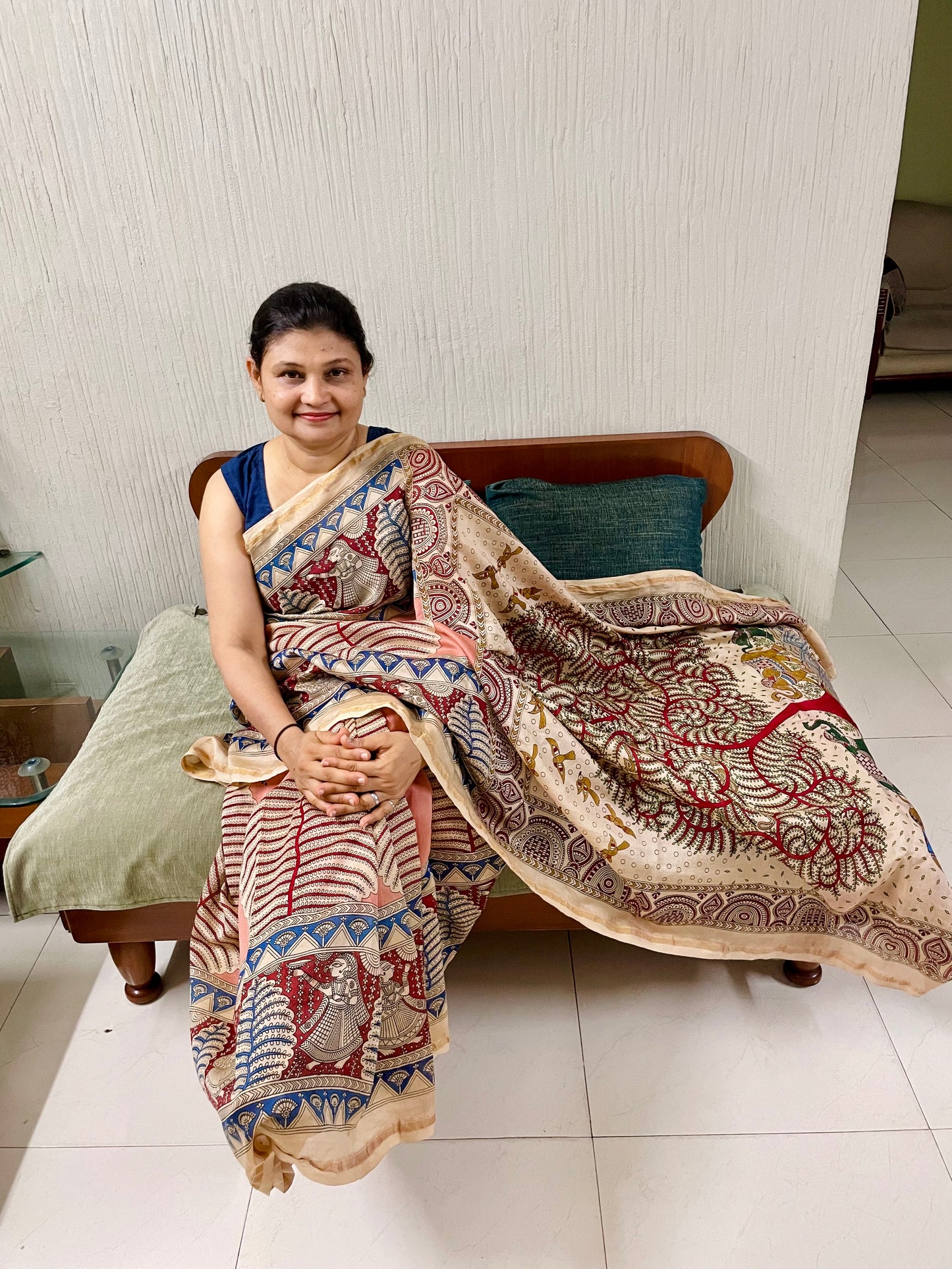 Heritage handpainted Mata Ni Pachedi saree featuring traditional sacred motifs and intricate artisan detailing