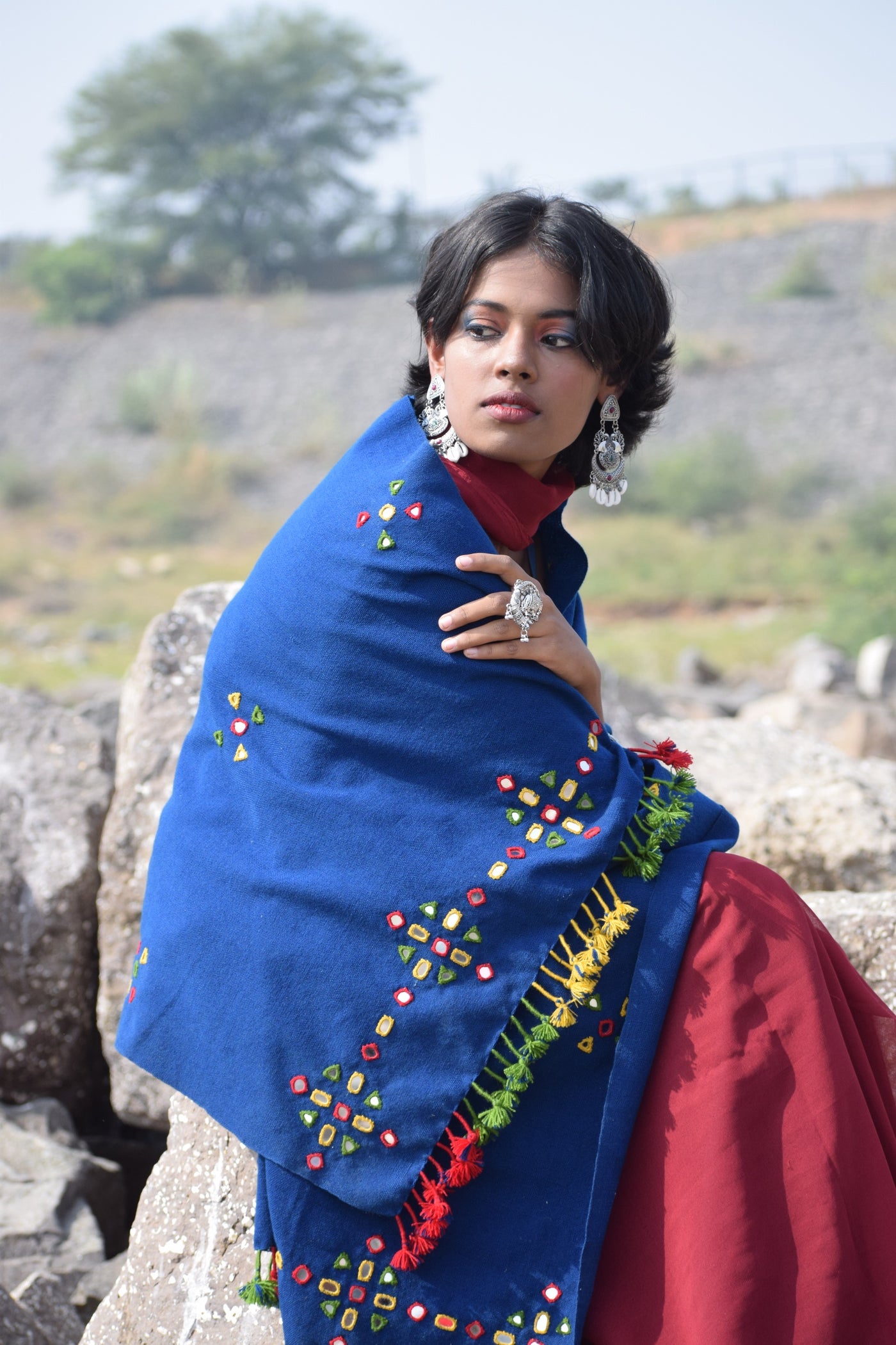 Classic handwoven woolen stole in royal blue designed for warmth, comfort, and versatile styling