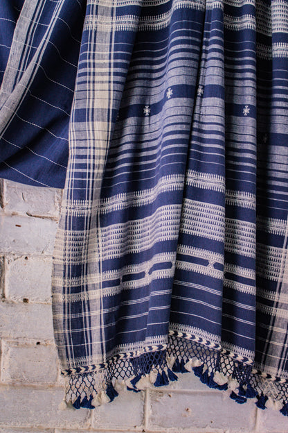 Handcrafted ocean Kala Cotton saree adorned with authentic Bhujodi weaving and heritage-inspired motifs