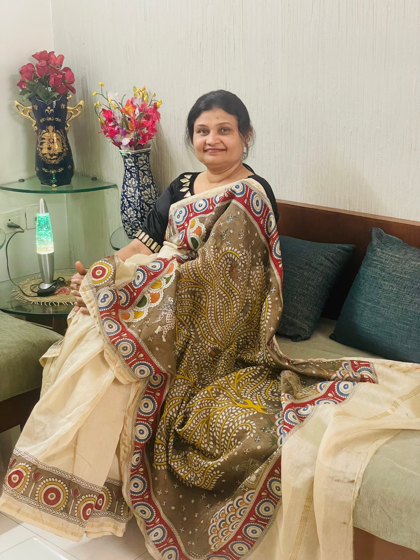Handcrafted olive branch Mata Ni Pachedi saree adorned with authentic handpainted designs inspired by Gujarat's folk art heritage