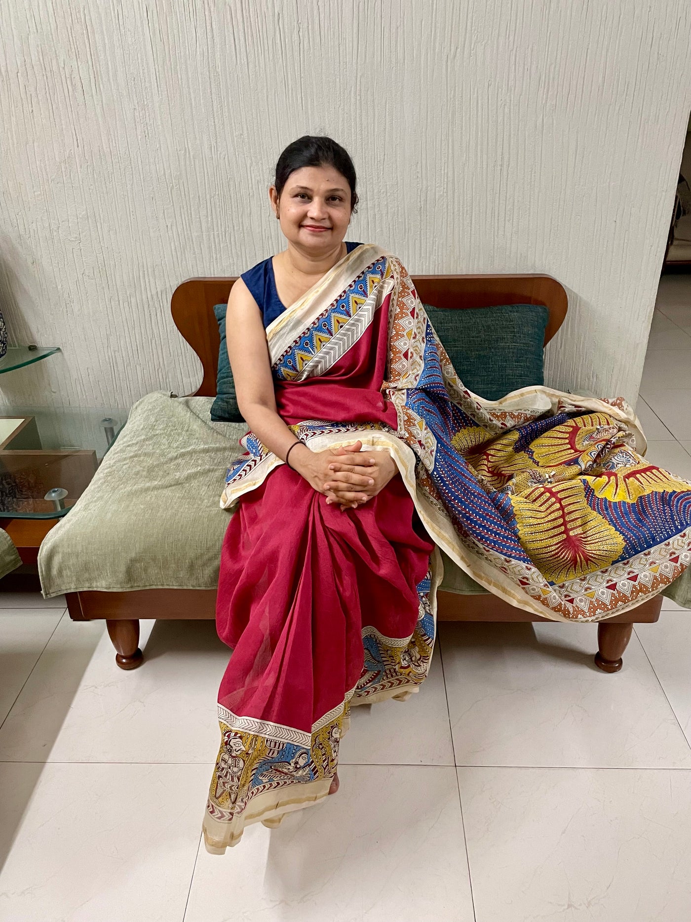 Handcrafted sunburst Mata Ni Pachedi saree adorned with authentic handpainted designs inspired by Gujarat's folk art heritage
