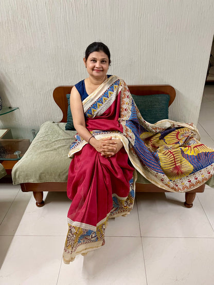 Handcrafted sunburst Mata Ni Pachedi saree adorned with authentic handpainted designs inspired by Gujarat's folk art heritage