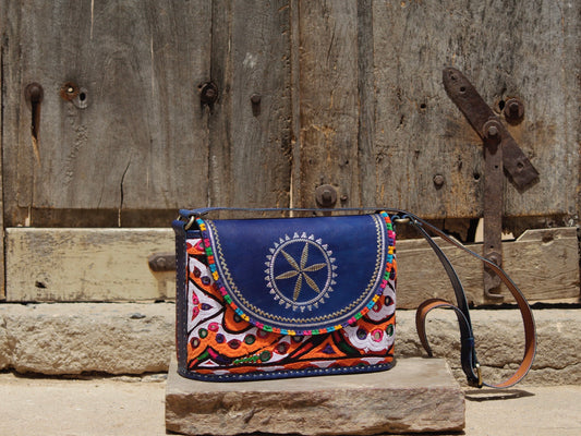 Leather bag with kutchi hand embroidery