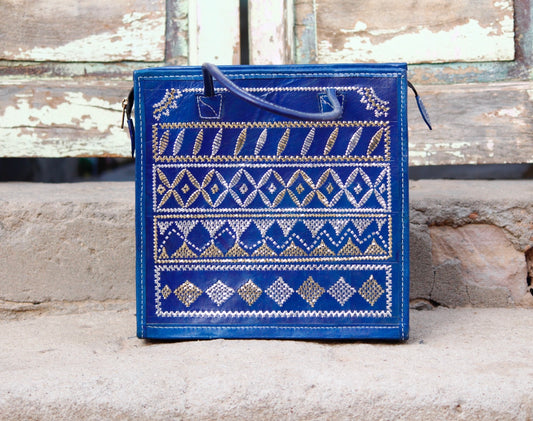 Leather bag with zari work