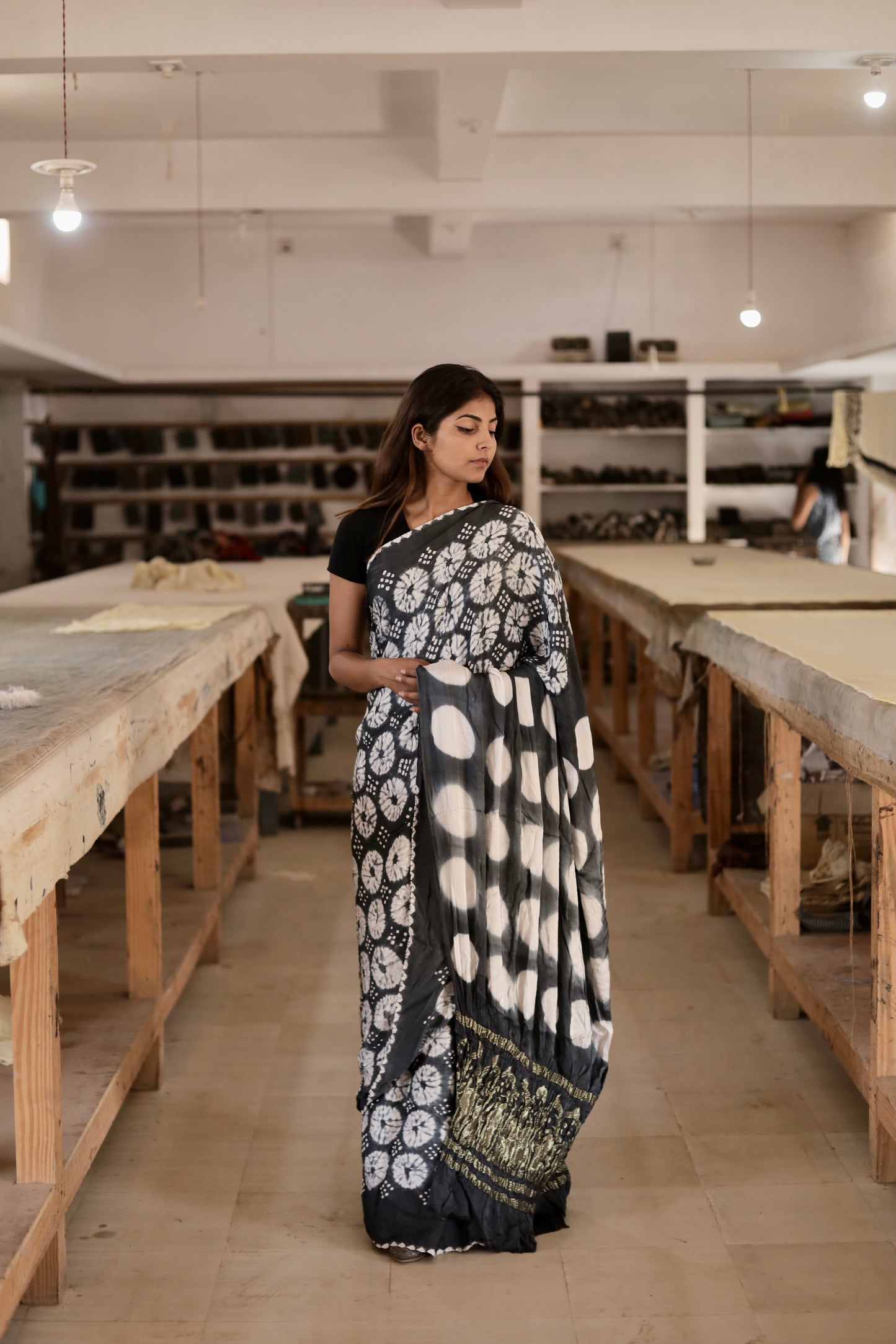 SHIBORI AND CLAMP DYED SAREE WITH ZARI BORDER