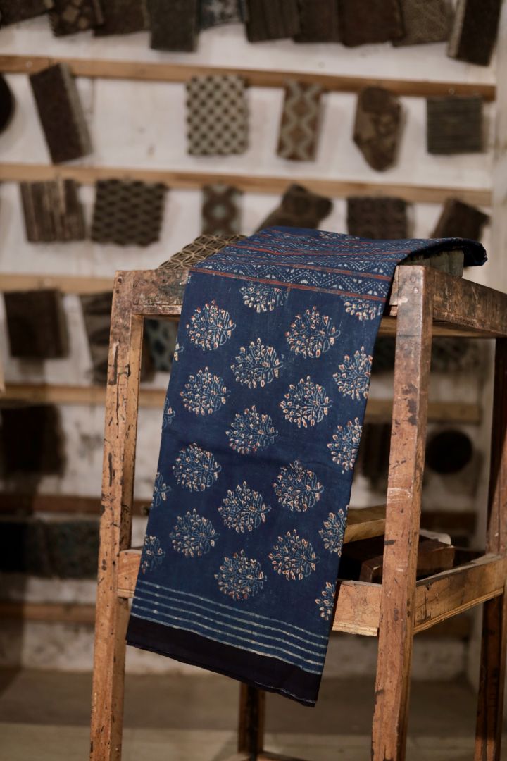 Indigo blue Ajrakh mul cotton dupatta featuring intricate hand block printed motifs and soft texture