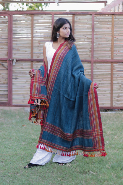 Indigo handspun raw woolen shawl showcasing natural texture and traditional artisan craftsmanship