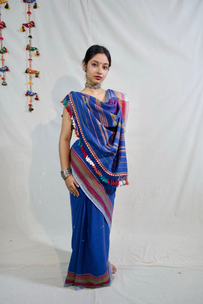 Indigo Kala Cotton Bhujodi saree featuring traditional handwoven patterns and artisanal craftsmanship