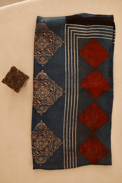 Indigo rust Ajrakh modal silk dupatta featuring intricate hand block printed motifs and elegant drape