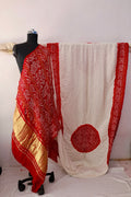 Ivory Red Bandhani Gajji Silk Saree with Zari Pallu