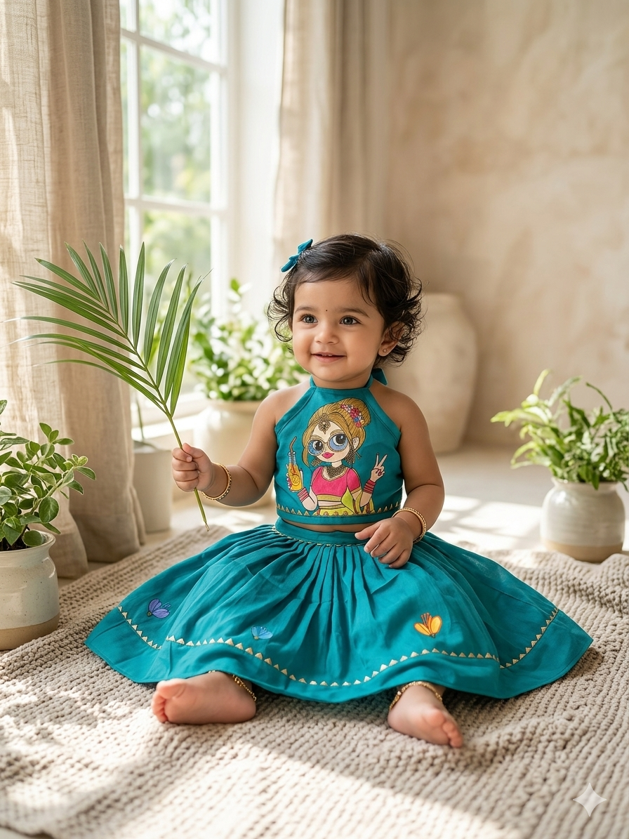 Lagoon blue handmade cotton blouse and skirt set for baby girl featuring traditional styling and comfortable cotton fabric