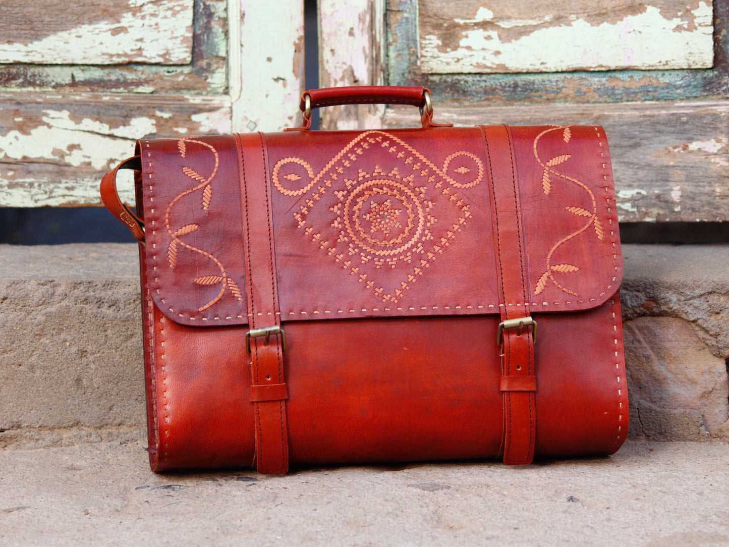 Leather office bag featuring intricate thread work on premium handcrafted leather