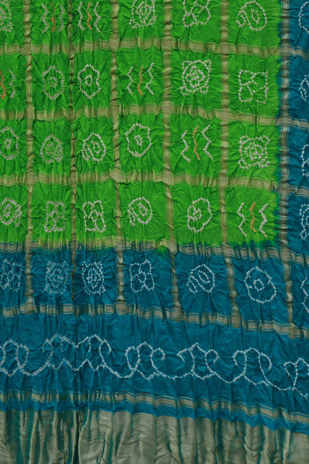 Traditional lime green Bandhani Gharchola dupatta with intricate handcrafted detailing