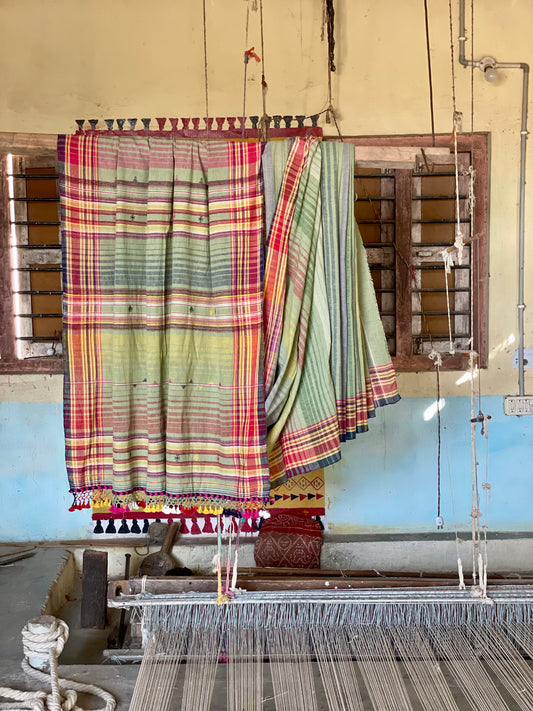 Meadow Kala Cotton Bhujodi saree featuring traditional handwoven patterns and artisanal craftsmanship