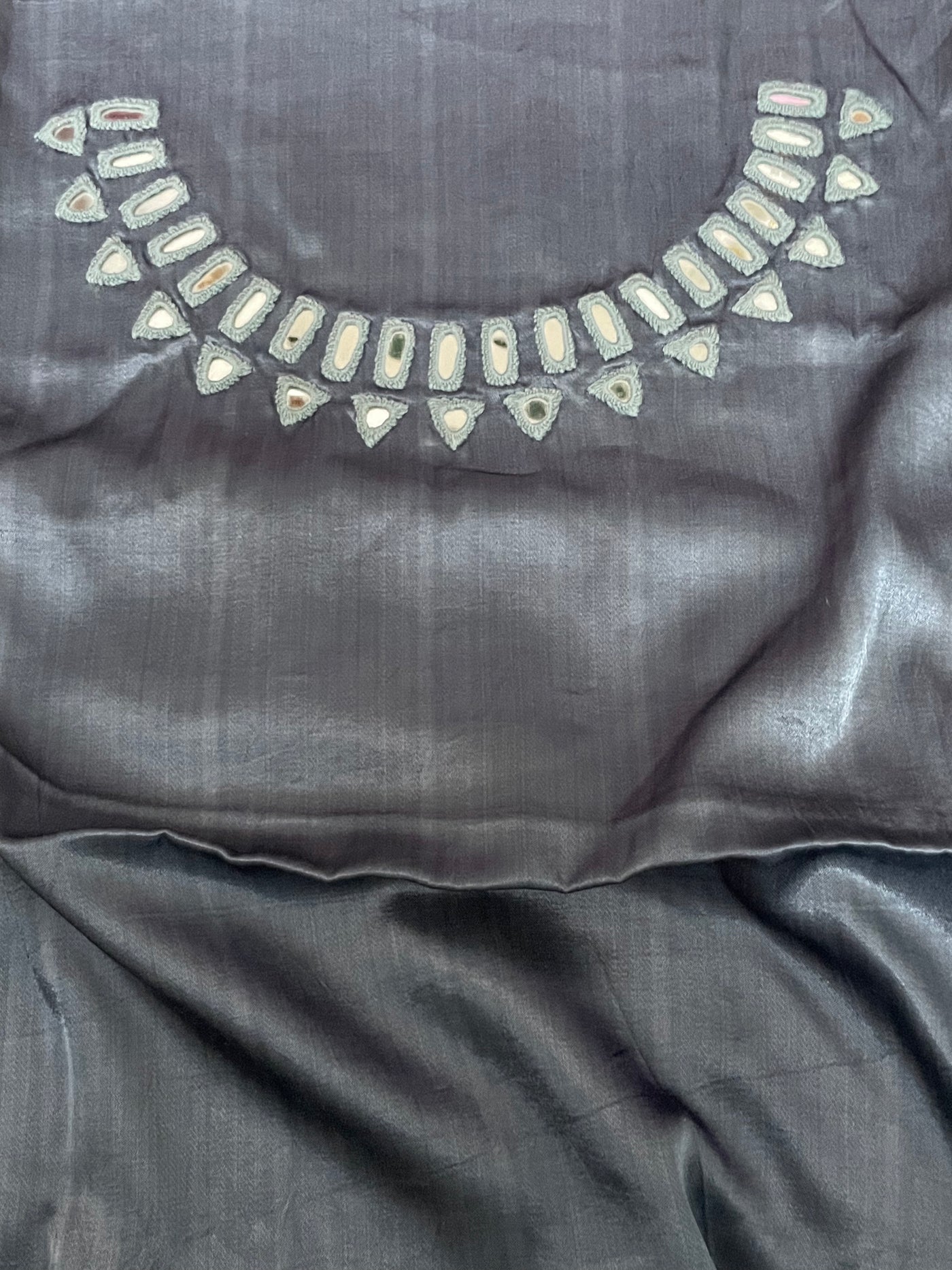 Metal grey mirror work blouse piece showcasing intricate handcrafted embellishments