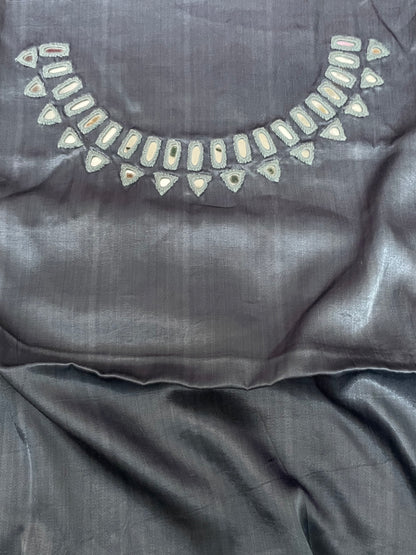 Metal grey mirror work blouse piece showcasing intricate handcrafted embellishments