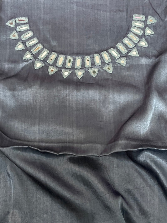Metal grey mirror work blouse piece showcasing intricate handcrafted embellishments