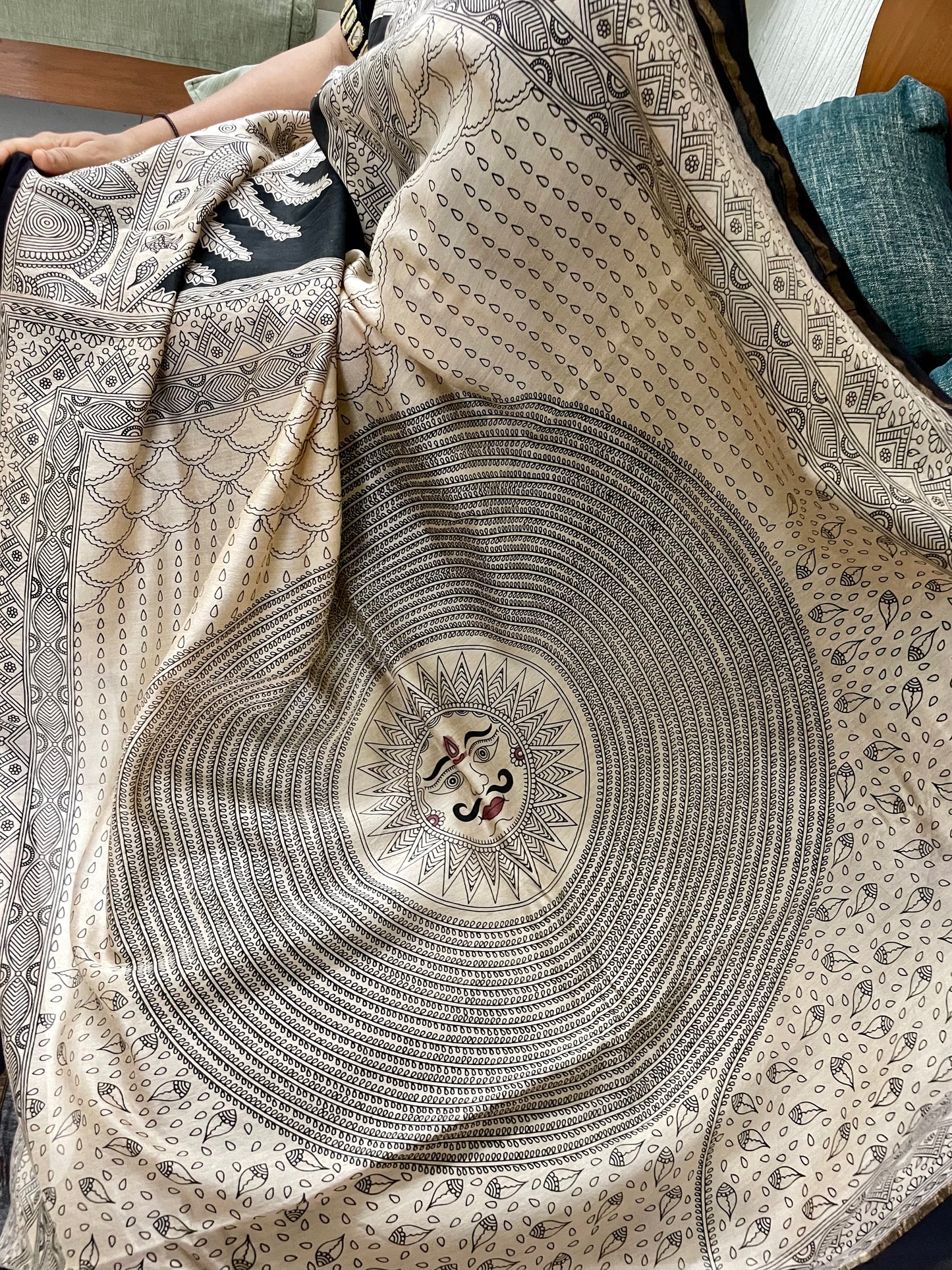 Premium midnight and grey handpainted saree reflecting the cultural richness and storytelling tradition of Mata Ni Pachedi art. Traditional midnight and grey Mata Ni Pachedi saree with vibrant handpainted motifs and graceful artisanal craftsmanship