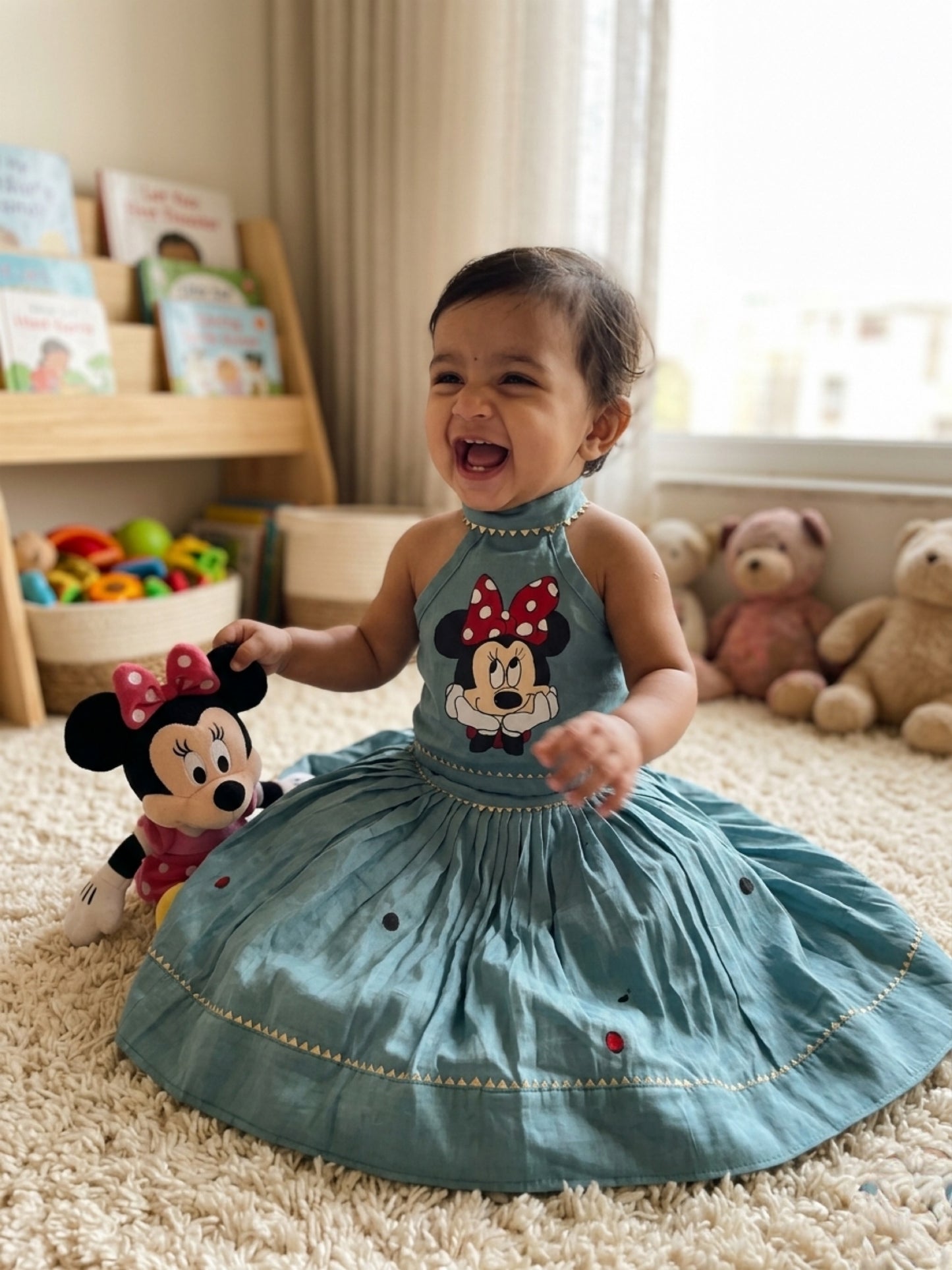 Misty blue handpainted cotton blouse and skirt set for kids featuring handcrafted artwork and traditional elegance