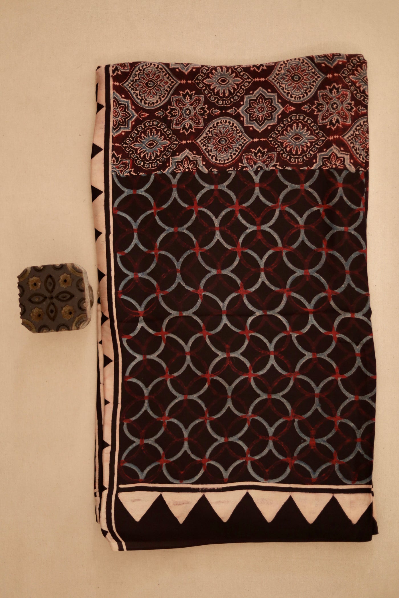 Mocha brown Ajrakh modal silk dupatta featuring intricate hand block printed motifs and elegant drape