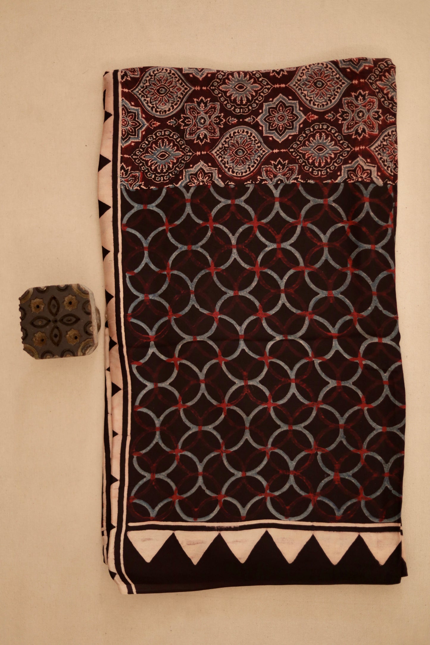 Mocha brown Ajrakh modal silk dupatta featuring intricate hand block printed motifs and elegant drape