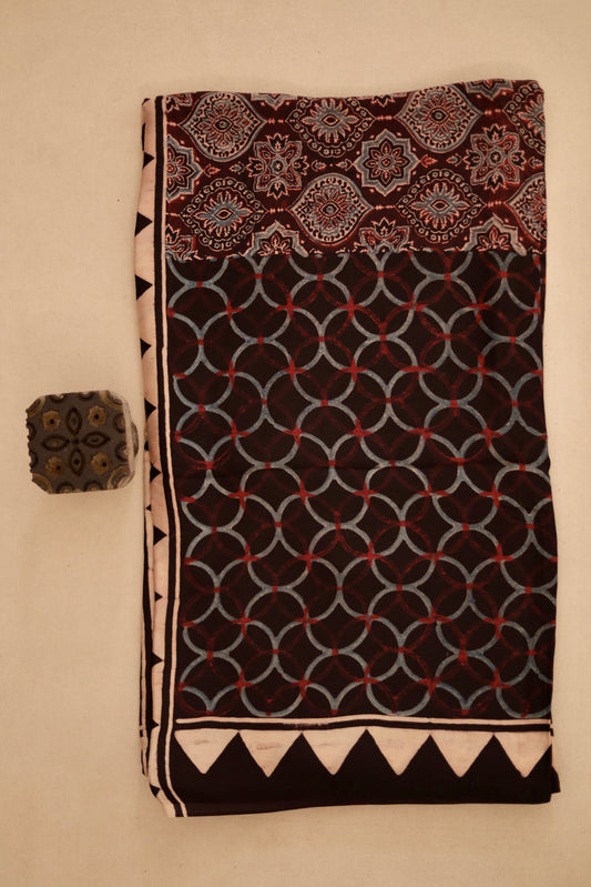Mocha brown Ajrakh modal silk dupatta featuring intricate hand block printed motifs and elegant drape