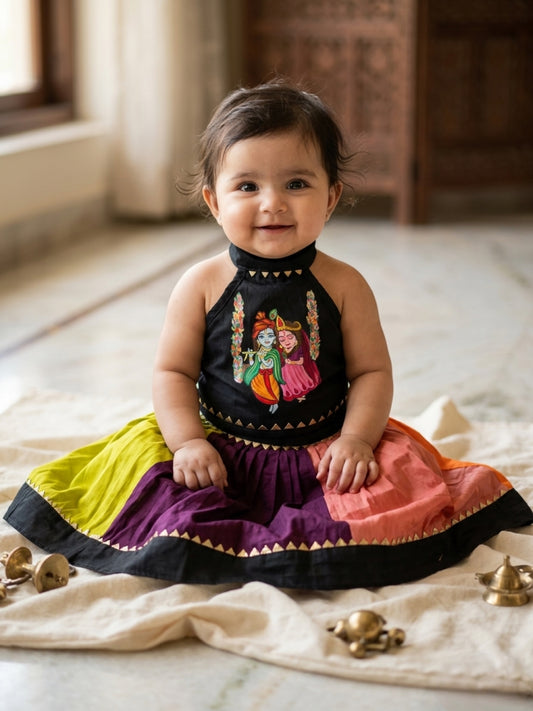 Multi handpainted cotton lehenga set for baby girl featuring colorful handcrafted artwork and ethnic charm