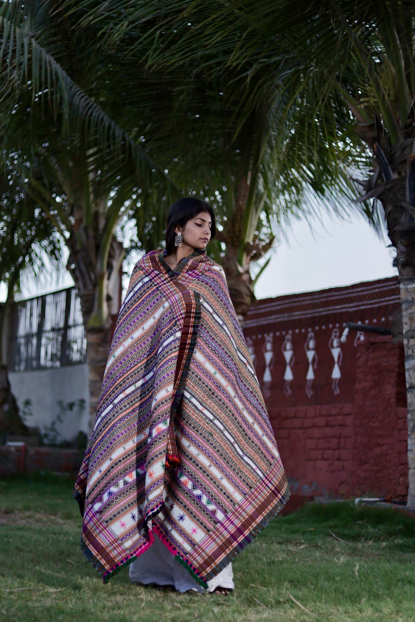 Multicolour handwoven woolen shawl featuring vibrant woven patterns and exceptional artisan craftsmanship