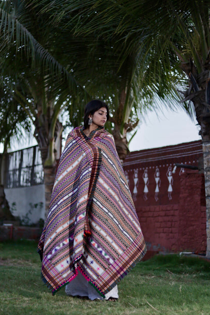 Multicolour handwoven woolen shawl featuring vibrant woven patterns and exceptional artisan craftsmanship