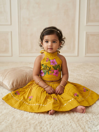 Mustard handmade cotton blouse and skirt set for baby girl featuring traditional styling and comfortable cotton fabric