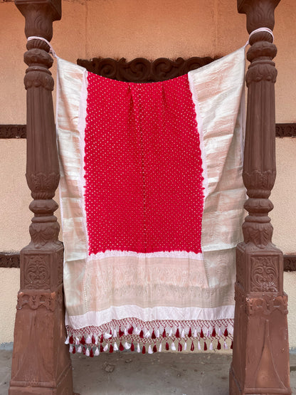 Natural red Kanjivaram silk Bandhani dupatta featuring traditional tie-dye craftsmanship and luxurious silk texture