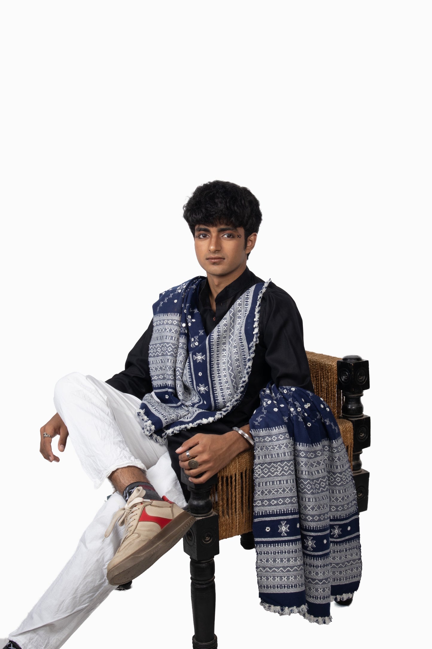 Navy handwoven men's woolen shawl featuring premium craftsmanship and a sophisticated drape
