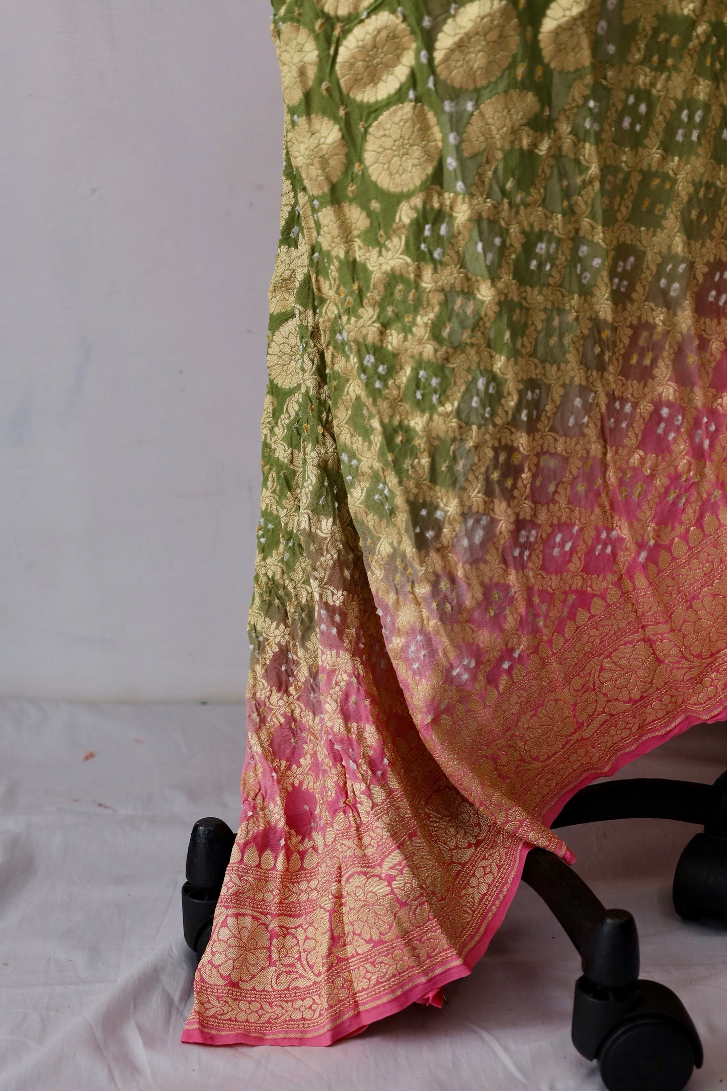 Alia Bhatt inspired Bandhani Neem Zari saree featuring traditional tie-dye patterns and elegant zari detailing