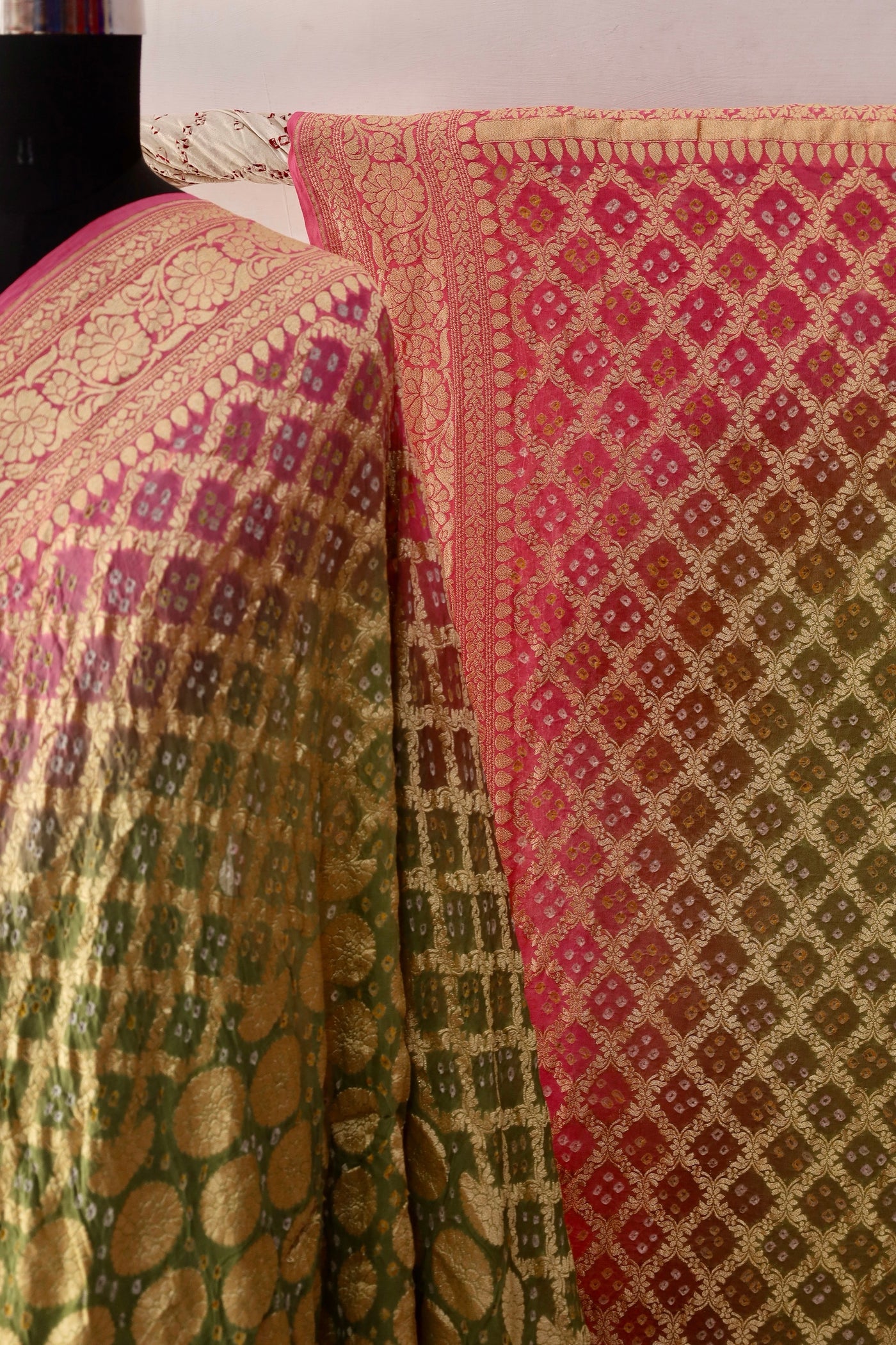 Alia Bhatt inspired Bandhani Neem Zari saree featuring traditional tie-dye patterns and elegant zari detailing