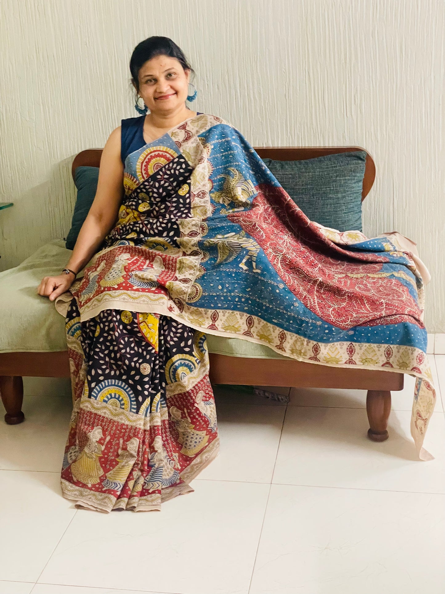 Ocean handpainted Mata Ni Pachedi saree featuring traditional sacred motifs and intricate artisan detailing